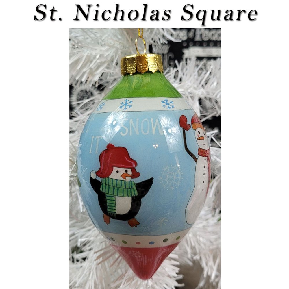 St Nicholas Square Hand Painted Blown Glass Penguin Christmas Ornament